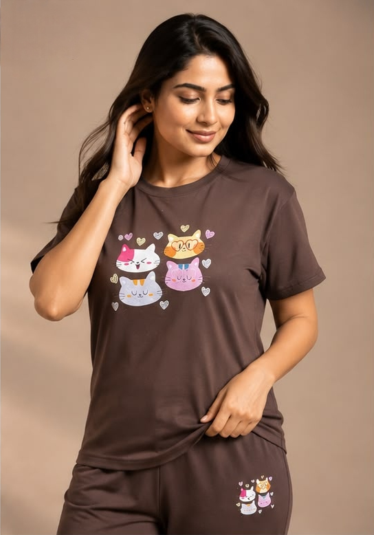 Brown Cats Night Suit